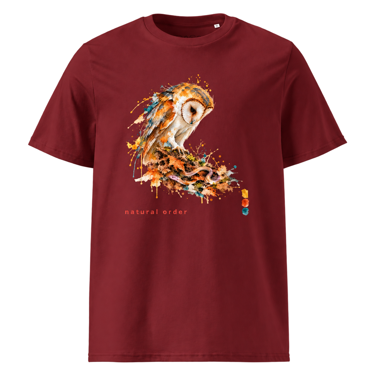 Natural Order organic cotton tee in deep red featuring owl watercolor artwork and natural order text