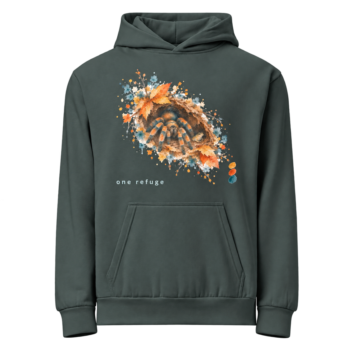 One Refuge tarantula hoodie featuring watercolor tarantula and frog artwork