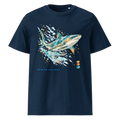 Shared Current organic cotton tee in navy featuring shark and remora watercolor artwork