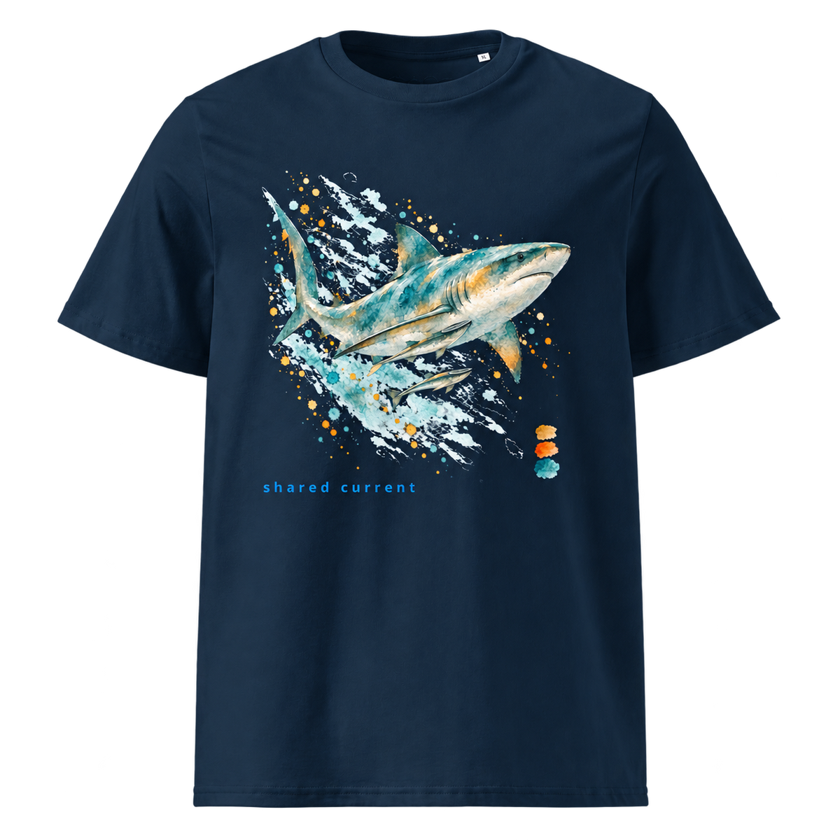 Shared Current organic cotton tee in navy featuring shark and remora watercolor artwork